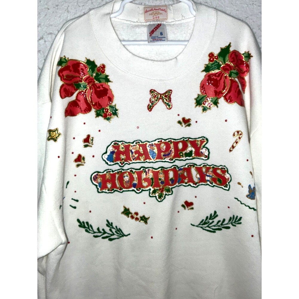 VTG Jerzees Handmade Holiday Christmas Sweatshirt Womens sz S White USA